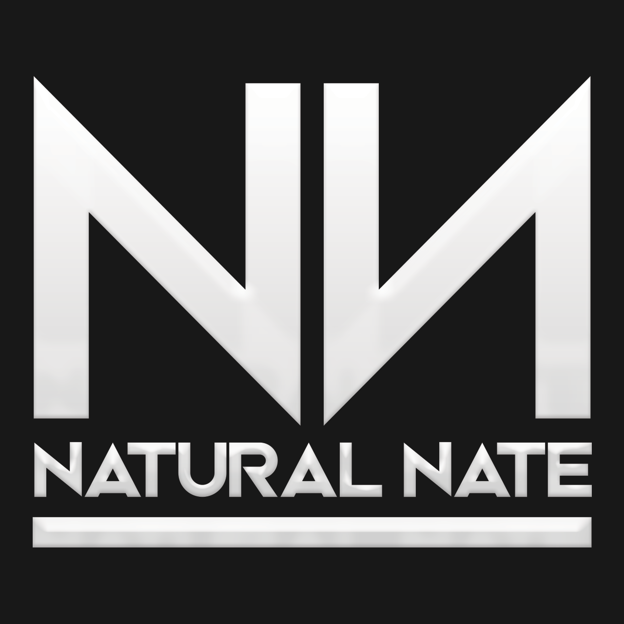 DJ Natural Nate® NN monogram logo, chrome 3D double-N lettermark with NATURAL NATE wordmark on black background